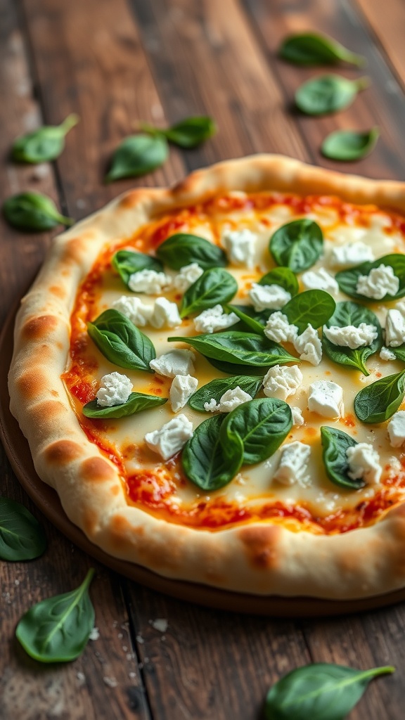 A delicious slice of spinach and feta pizza with golden crust and melted cheese on a rustic table.